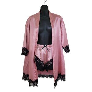 Pink Satin & Black Lace Kimono Robe & Shorts Set - Women's Loungewear Sz XS